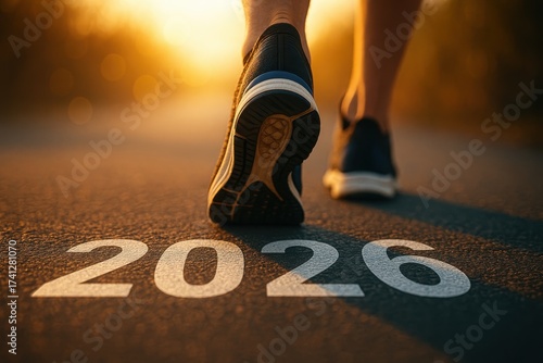 Wallpaper Mural Human legs are shown in sneakers with the year 2026 painted on a pathway's surface, emphasizing the concept of the future, time, and progression during a bright, sunlit day in a natural, outdoor... Torontodigital.ca