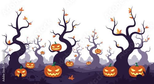 Fantasy forest at night with glowing pumpkins and twisted trees, flat vector style, mystical atmosphere, white background