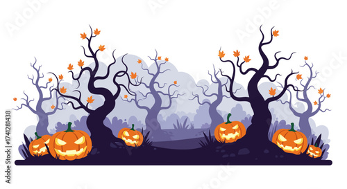 Fantasy forest at night with glowing pumpkins and twisted trees, flat vector style, mystical atmosphere, white background