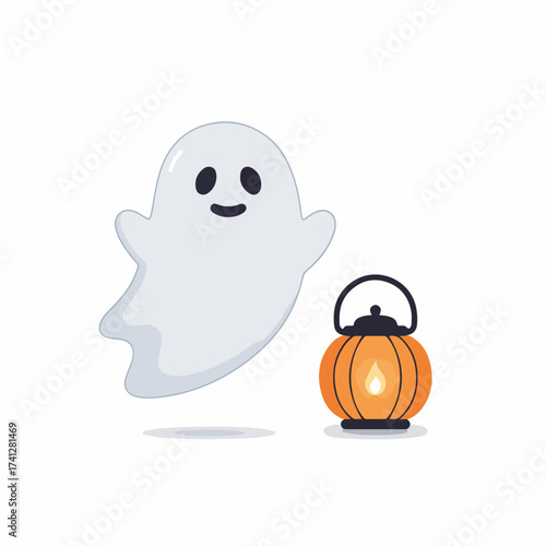 Cute Cartoon Floating Ghost with Pumpkin Lantern Halloween Illustration