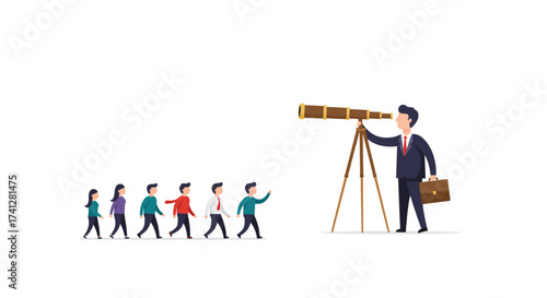 Flat vector concept of leadership and direction, man guiding with telescope, business vision, white background