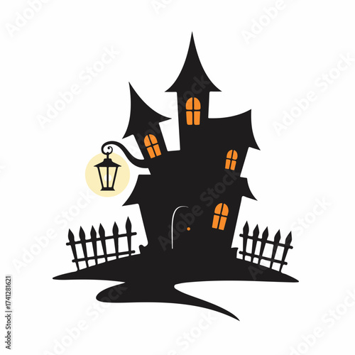 Spooky Flat Style Haunted House Creepy Silhouette Icon for Halloween