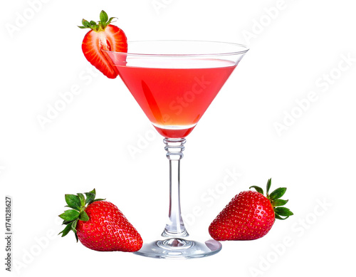 Strawberry martini cocktail in a martini glass, isolated on white, sophisticated drink
