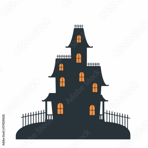 Flat Style Spooky Haunted House with Fence and Hill Illustration