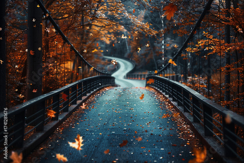 Winding path over a bridge amidst vibrant autumn foliage and falling leaves
