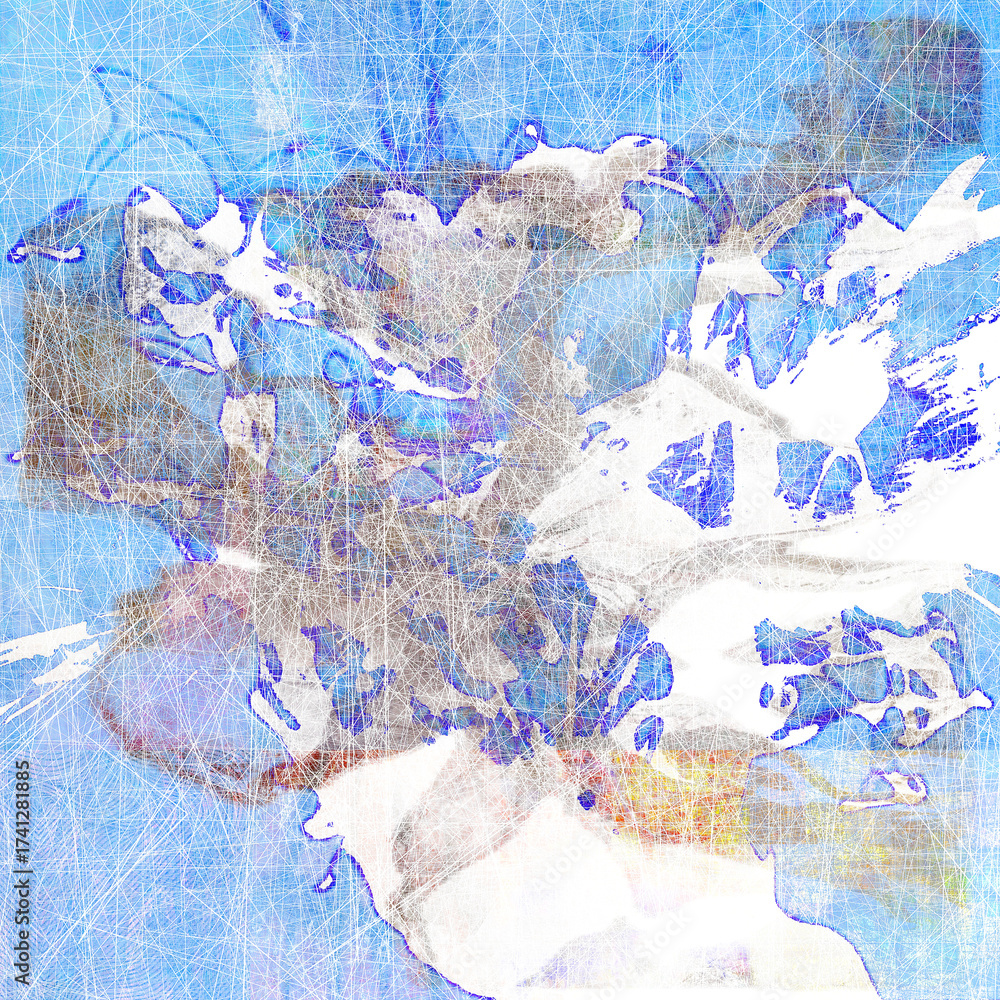 Naklejka premium Cool aquatic blues dominate, broken by charcoal eddies and graphite grids that drift like nets through shallow water. Loops of cobalt arc across milky whites; in the lower band a pale border