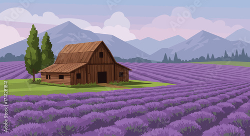 Rustic farmhouse with lavender field and mountains, flat vector style, soft color palette