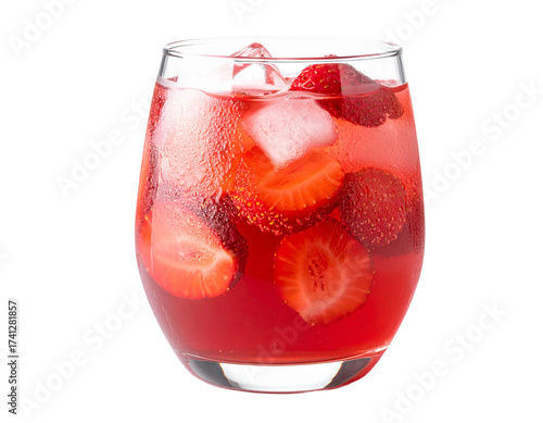 Strawberry sangria in a wine glass with fruit slices, isolated on white
