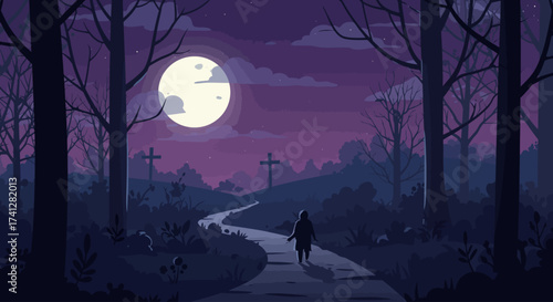 Spooky moonlit path through haunted woods, dark vector landscape, flat minimalist style