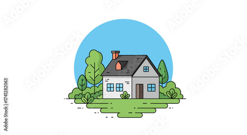 Vector countryside house with garden and sky, clean line illustration, flat design, white background