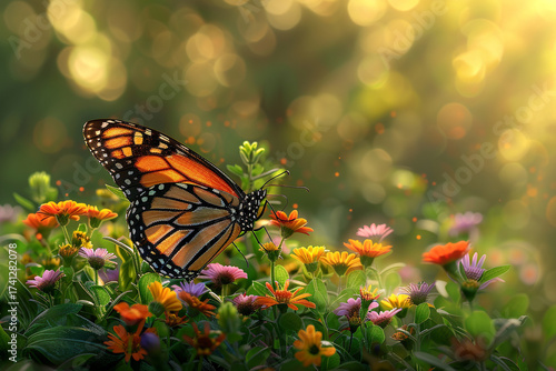 Majestic monarch butterfly rests on vibrant wildflowers bathed in warm golden sunlight.