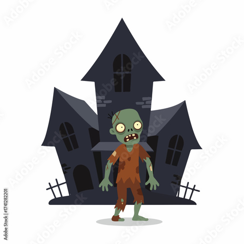 Spooky Flat Illustration Zombie in Front of Haunted House Scene