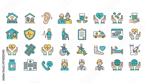 Vector art of collection of healthcare and medical icons representing senior care, hospital, ambulance, doctor, nurse, and patient assistance