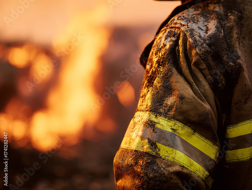 Firefighter jacket with reflective stripes is shown with charred marks, set against backdrop of intense flames, highlighting bravery and resilience of emergency responders