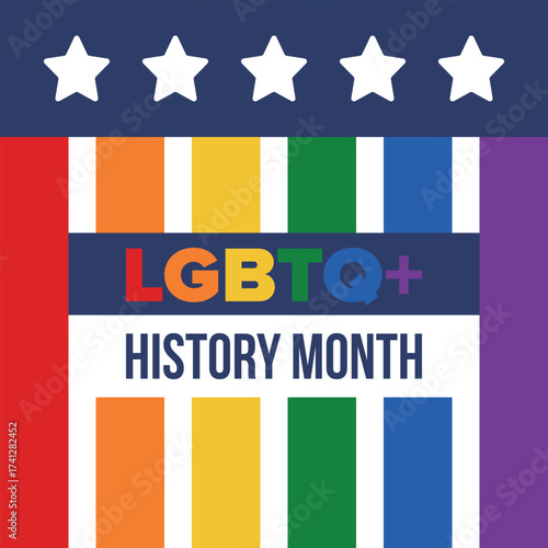 LGBTQ+ history month. Pride Month. Lesbian Gay Bisexual Transgender. Celebrated annual. LGBT flag. Rainbow love concept. Human rights and tolerance. Poster, card, banner and background. Vector
