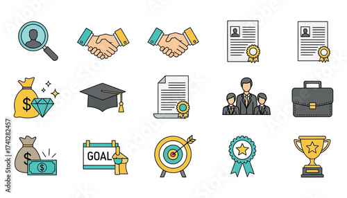 Vector art of collection of business and finance icons including handshake, money bag, graduation cap, resume, briefcase, trophy, and target