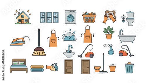 Vector art of collection of cleaning and household items, including a house, windows, washing machine, iron, broom, vacuum cleaner, bathtub, toilet, sink, bed, and trash can
