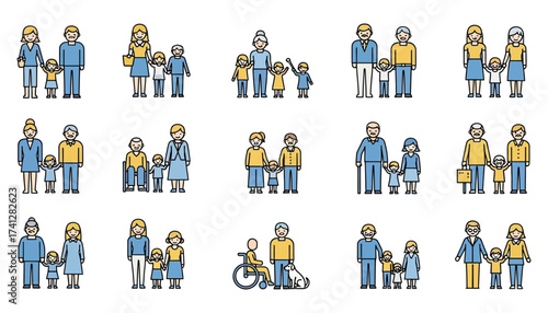 Vector art of collection of diverse family icons representing different generations and family structures