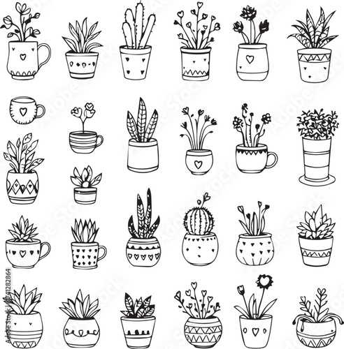 Potted plant icon grid with leafy, succulent, and flowering styles in black silhouette botanical design