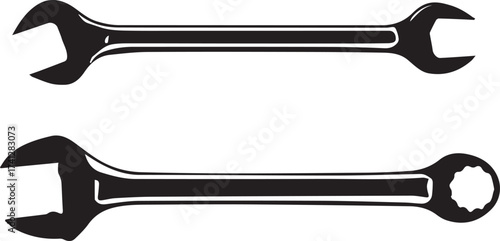 Wrench icon set with open-end and combination styles in black silhouette mechanical tool design