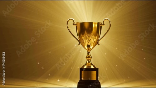 Gold luxury trophy shining in spotlight.Victory and goal success concepts