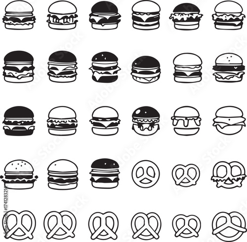 Burger and pretzel icon grid with stylized fast food variations in black silhouette snack design