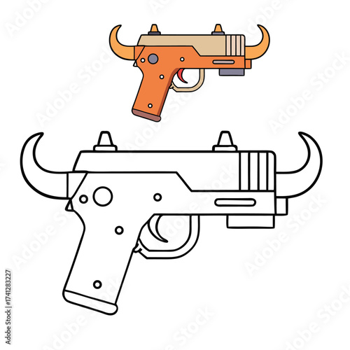 A detailed pistol coloring page featuring a classic handgun outline with defined trigger, grip, and barrel, perfect for coloring practice, shading, and design creativity.