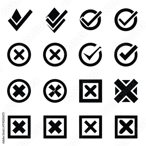 Collection of black checkmark and cross icons in various shapes and forms tick