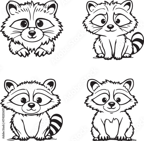 Raccoon icon set with expressive cartoon poses and fluffy tails in black and white character style
