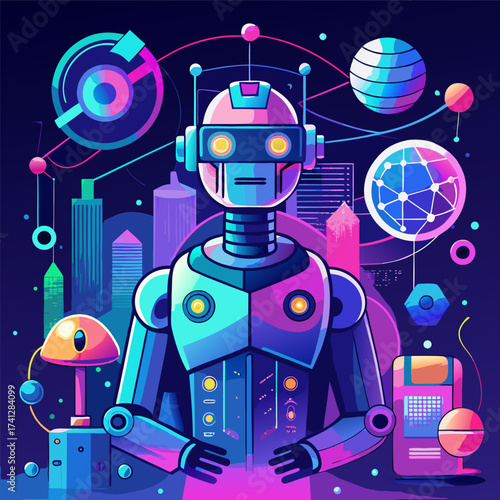 Futuristic robot illustration with neon colors and geometric shapes ideal for technology and artificial intelligence concepts
