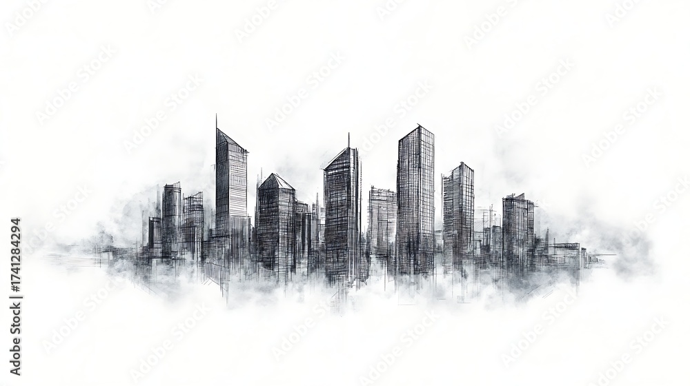 Fototapeta premium Urban skyline in pencil art style, Minimalist sketch of modern city skyline, Abstract cityscape illustration in black and white, Hand-drawn modern metropolis silhouette white background