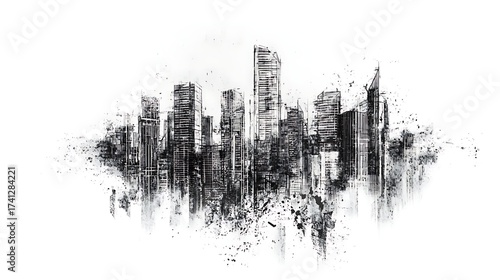 Urban skyline in pencil art style, Minimalist sketch of modern city skyline, Abstract cityscape illustration in black and white, Hand-drawn modern metropolis silhouette  white background