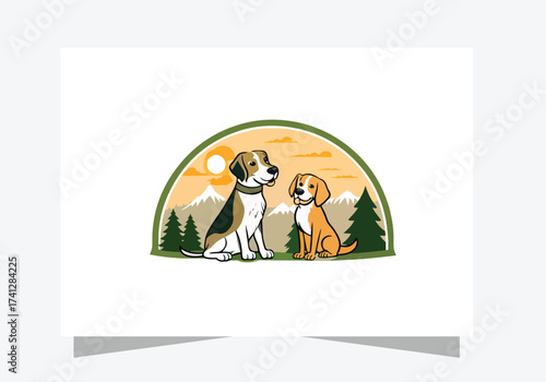Dog logo icon design, Two dogs sitting in nature vector  design 