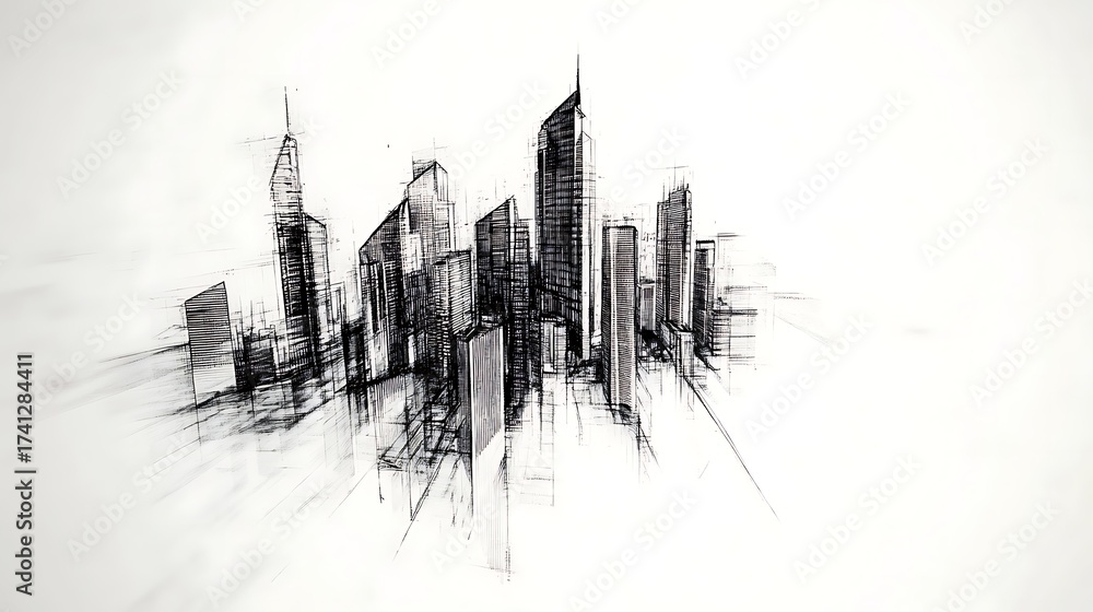 Fototapeta premium Urban skyline in pencil art style, Minimalist sketch of modern city skyline, Abstract cityscape illustration in black and white, Hand-drawn modern metropolis silhouette white background