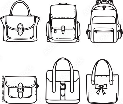 Bag icon set with backpacks, satchels, totes, and handbags in black and white outline fashion style