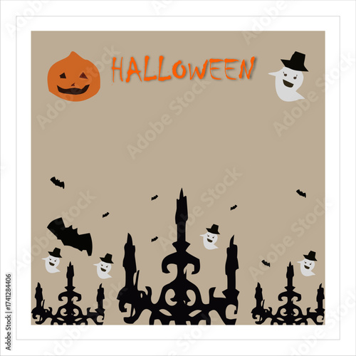 Vintage Halloween vector background with Jack-O’-Lantern, cute ghosts, bats, and rustic kraft paper style. Perfect for cards, invites, and decor.