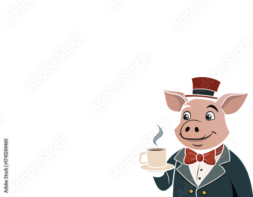 Anthropomorphic  pig  dressed in victorian suit Coffee in hand 