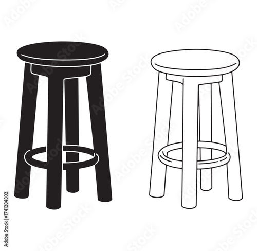 Black and white illustration of two bar stools furniture isolated on white background
