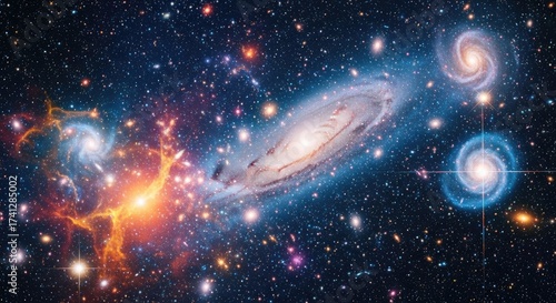 A vibrant galaxy with spiral arms and a central bulge, surrounded by a myriad of stars and nebulae, set against a backdrop of cosmic dust and gas.