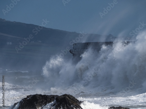 crashing waves over Holyhead breakwater isle of Anglesey