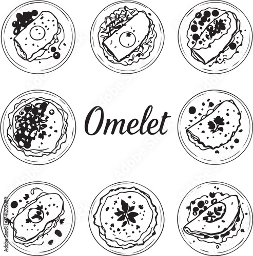 Omelet icon set with diverse toppings and plate styles in black and white circular food layout