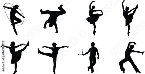 Dance silhouette set with ballet, breakdance, tap, jazz, and jump rope poses for artistic, cultural, and design themes.