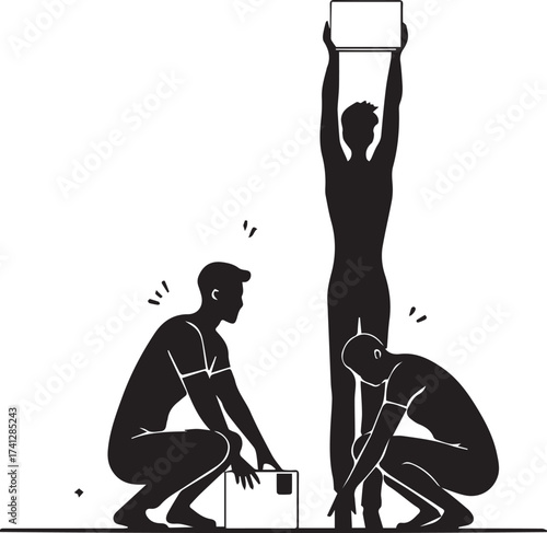Box lifting icon set with squatting, reaching, and overhead poses in black silhouette workplace style