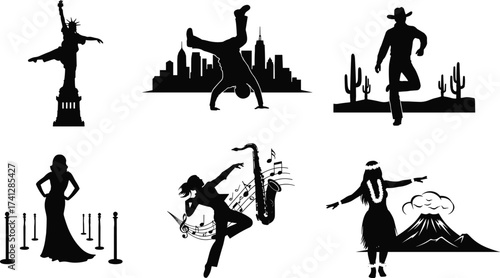 Cultural silhouette set with Statue of Liberty, breakdancer, cowboy, Hollywood, hula dancer, and musical icons for design themes.