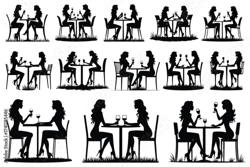 Silhouettes of women sitting at tables drinking wine