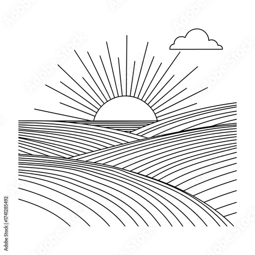 Line art landscape with rising sun over wavy fields and a single cloud in the upper right corner view