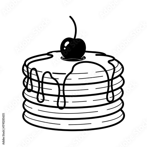 Illustration of a stack of pancakes drizzled with syrup and topped with a cherry on a white background