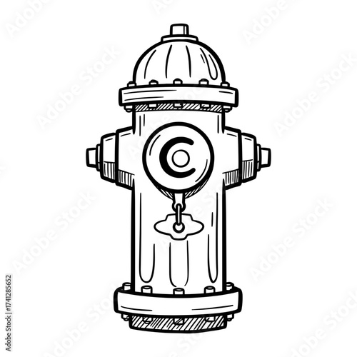 A hand drawn illustration of a fire hydrant with a circular plate and a dome shaped top in black and white