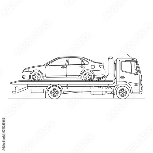 A line drawing of a car being towed on a flatbed tow truck on a white background in a vector graphic