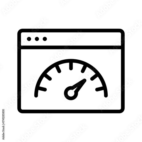 A simple line drawing of a browser window with a speedometer inside it shown in black and white
